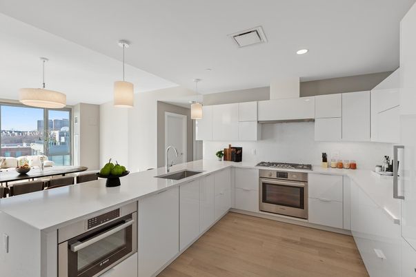 Interior, Kitchen, Pendant Lights, Recessed Lighting, Stainless Steel Appliances, Water, Wood Texture Flooring