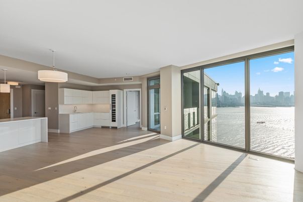 Empty room, Interior, Pendant Lights, Water, Wood Texture Flooring