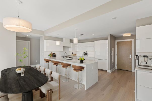 Dining room, Interior, Kitchen, Pendant Lights, Recessed Lighting, Wood Texture Flooring