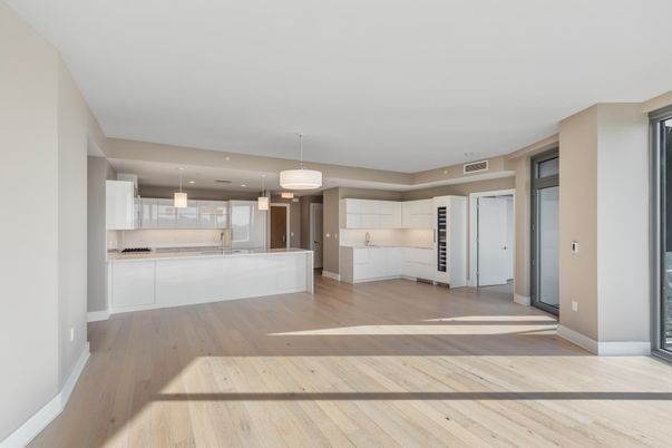 Empty room, Interior, Kitchen, Pendant Lights, Recessed Lighting, Wood Texture Flooring