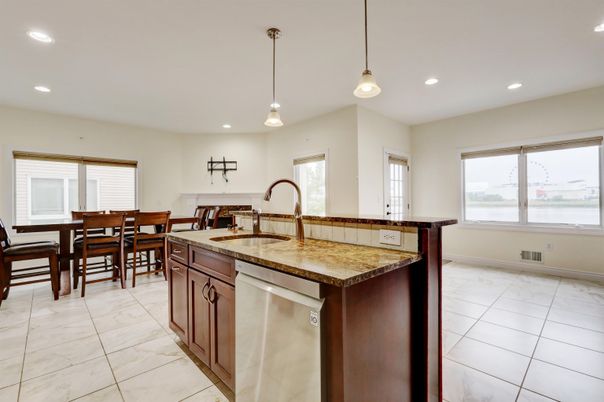 Dining room, Interior, Kitchen, Marble, Pendant Lights, Recessed Lighting