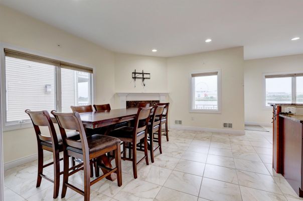 Dining room, Fireplace, Interior, Marble, Recessed Lighting
