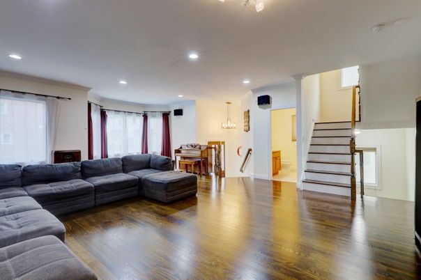 Dining room, Interior, Living room, Pendant Lights, Recessed Lighting, Wood Texture Flooring