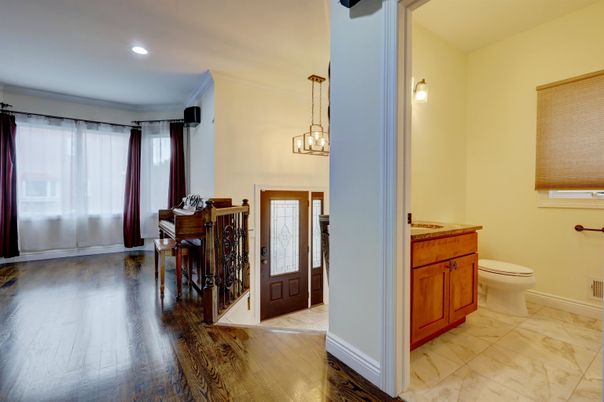Bathroom, Interior, Pendant Lights, Recessed Lighting, Wood Texture Flooring
