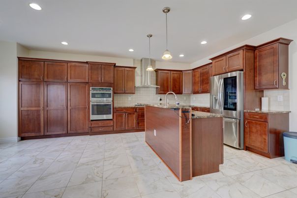Interior, Kitchen, Marble, Pendant Lights, Recessed Lighting, Stainless Steel Appliances