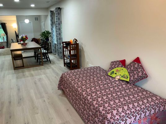 Bedroom, Dining room, Interior, Pendant Lights, Recessed Lighting, Wood Texture Flooring