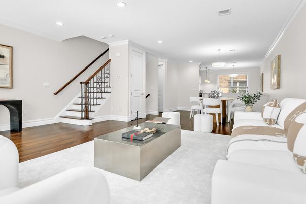 Dining room, Interior, Living room, Pendant Lights, Recessed Lighting, Wood Texture Flooring