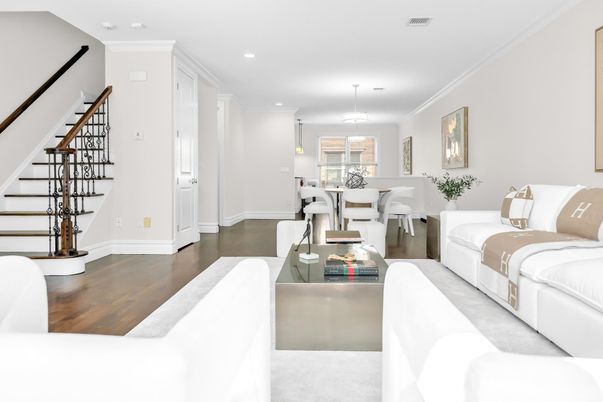 Dining room, Interior, Living room, Pendant Lights, Recessed Lighting, Wood Texture Flooring