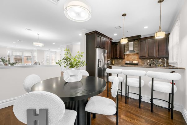 Dining room, Interior, Kitchen, Pendant Lights, Recessed Lighting, Stainless Steel Appliances, Wood Texture Flooring