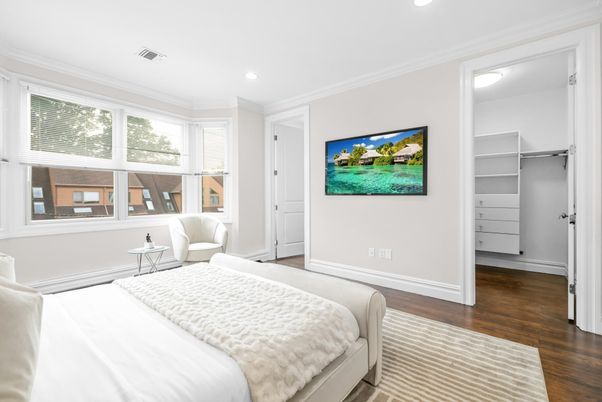 Bedroom, Interior, Recessed Lighting, Wood Texture Flooring