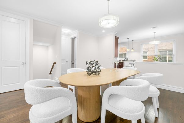 Dining room, Interior, Pendant Lights, Recessed Lighting, Wood Texture Flooring