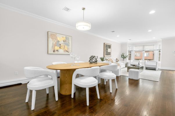 Dining room, Interior, Living room, Pendant Lights, Recessed Lighting, Wood Texture Flooring