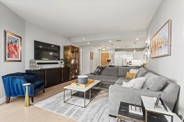 Interior, Kitchen, Living room, Pendant Lights, Recessed Lighting, Wood Texture Flooring