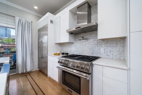 Interior, Kitchen, Recessed Lighting, Stainless Steel Appliances, Wood Texture Flooring