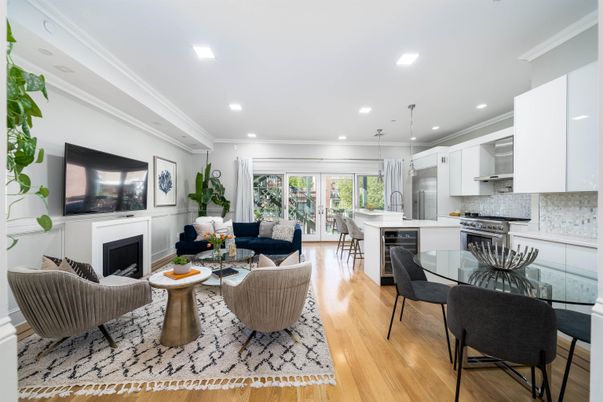 Dining room, Fireplace, Interior, Kitchen, Living room, Pendant Lights, Recessed Lighting, Stainless Steel Appliances, Wood Texture Flooring