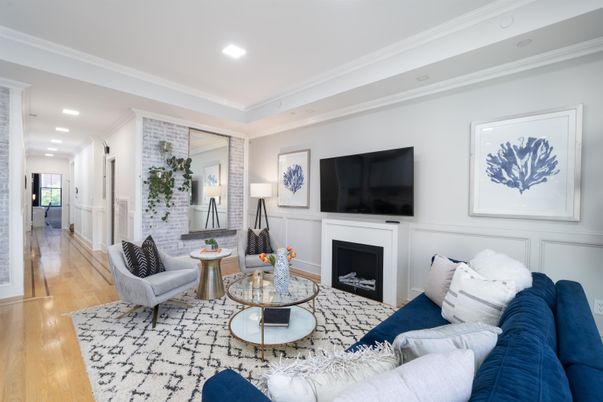 Fireplace, Interior, Living room, Recessed Lighting, Wood Texture Flooring
