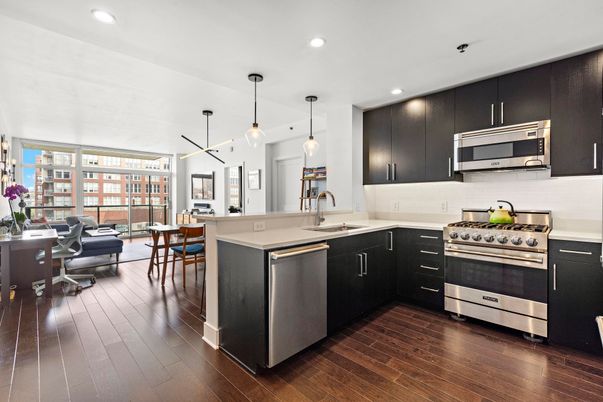 Dining room, Interior, Kitchen, Pendant Lights, Recessed Lighting, Stainless Steel Appliances, Wood Texture Flooring