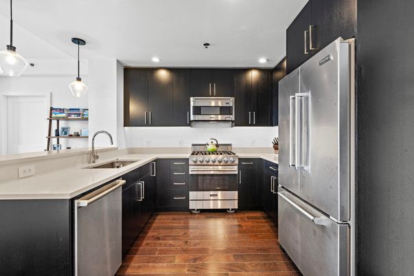 Interior, Kitchen, Pendant Lights, Recessed Lighting, Stainless Steel Appliances, Wood Texture Flooring