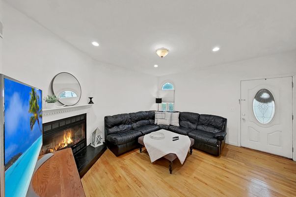 Fireplace, Interior, Living room, Recessed Lighting, Wood Texture Flooring