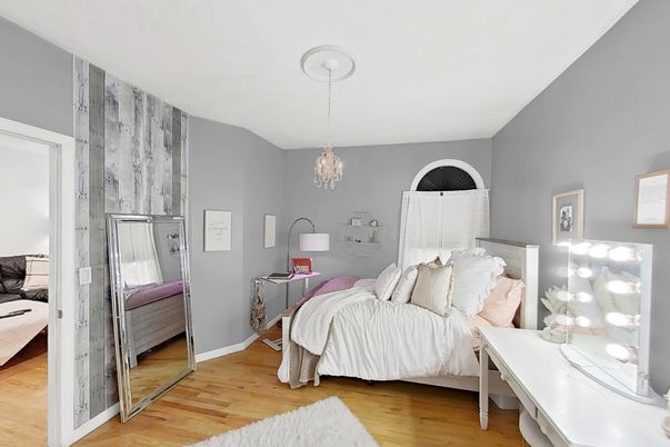 Bedroom, Chandelier, Interior, Wood Texture Flooring