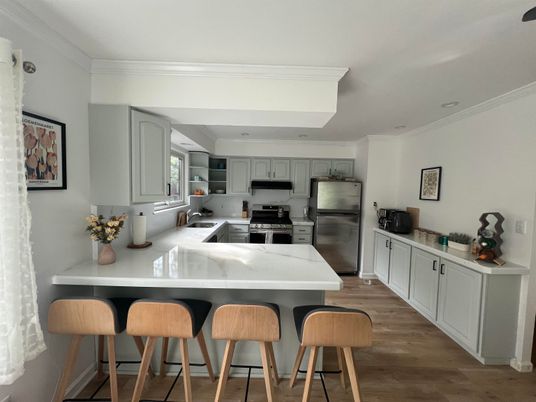 Interior, Kitchen, Recessed Lighting, Stainless Steel Appliances, Wood Texture Flooring