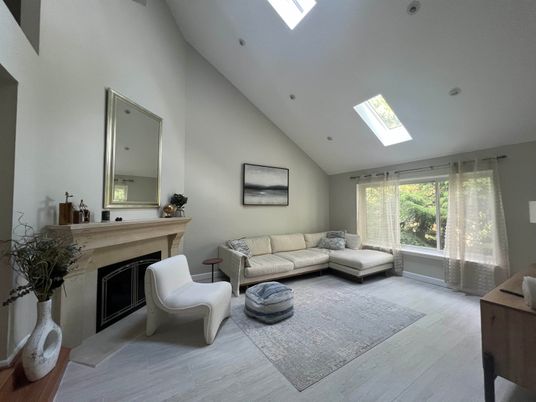 Fireplace, Interior, Living room, Recessed Lighting, Wood Texture Flooring
