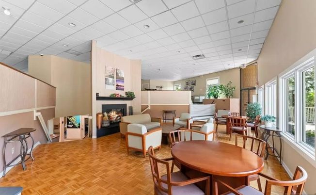 Dining room, Fireplace, Interior, Living room, Pendant Lights, Recessed Lighting, Wood Texture Flooring