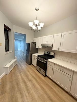 Chandelier, Interior, Kitchen, Stainless Steel Appliances, Wood Texture Flooring