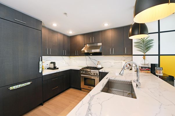Interior, Kitchen, Pendant Lights, Recessed Lighting, Stainless Steel Appliances, Wood Texture Flooring