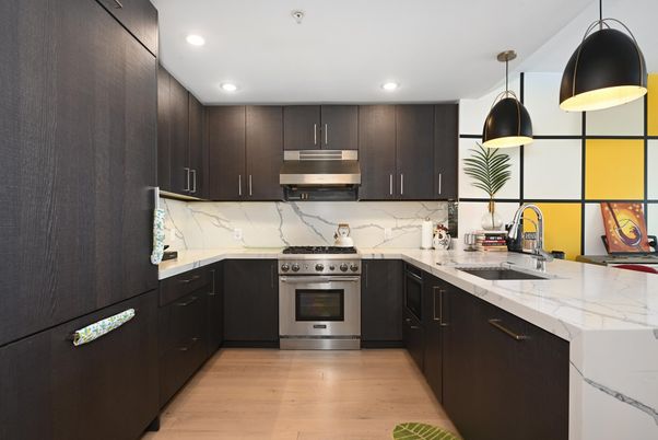 Interior, Kitchen, Pendant Lights, Recessed Lighting, Stainless Steel Appliances, Wood Texture Flooring
