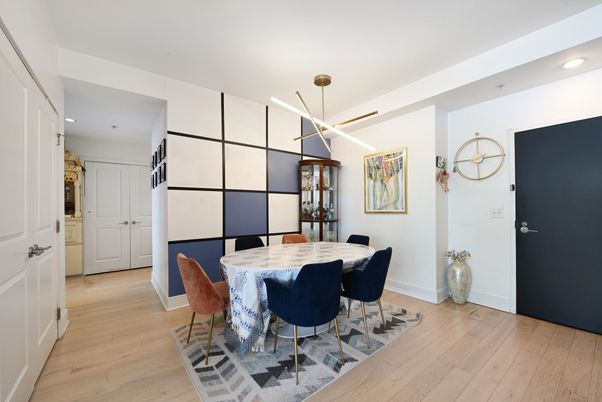 Dining room, Interior, Pendant Lights, Recessed Lighting, Wood Texture Flooring