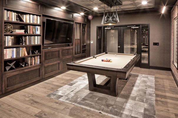 Billiard Table, Game Room, Interior, Pendant Lights, Recessed Lighting, Wood Texture Flooring