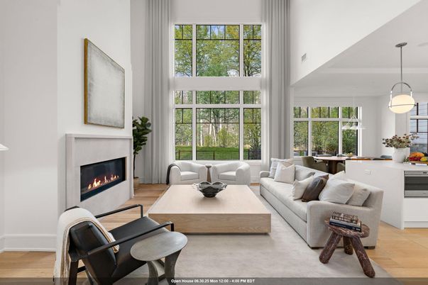 Dining room, Fireplace, Interior, Living room, Pendant Lights, Wood Texture Flooring