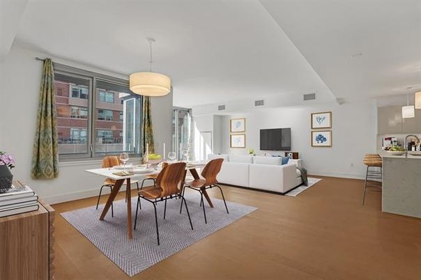 Dining room, Interior, Living room, Pendant Lights, Wood Texture Flooring
