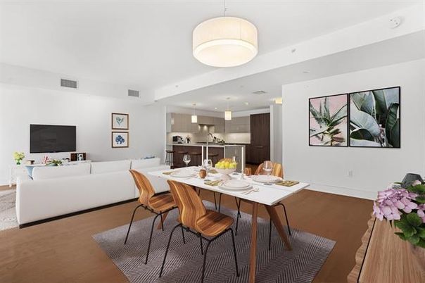 Dining room, Interior, Kitchen, Living room, Pendant Lights, Recessed Lighting, Stainless Steel Appliances, Wood Texture Flooring