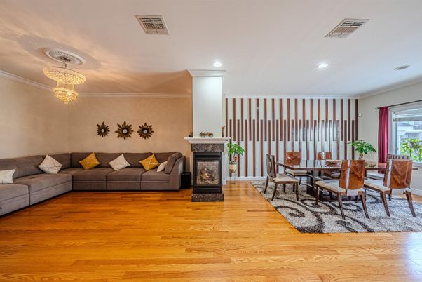 Chandelier, Dining room, Fireplace, Interior, Living room, Recessed Lighting, Wood Texture Flooring