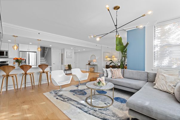 Dining room, Interior, Kitchen, Living room, Pendant Lights, Recessed Lighting, Stainless Steel Appliances, Wood Texture Flooring