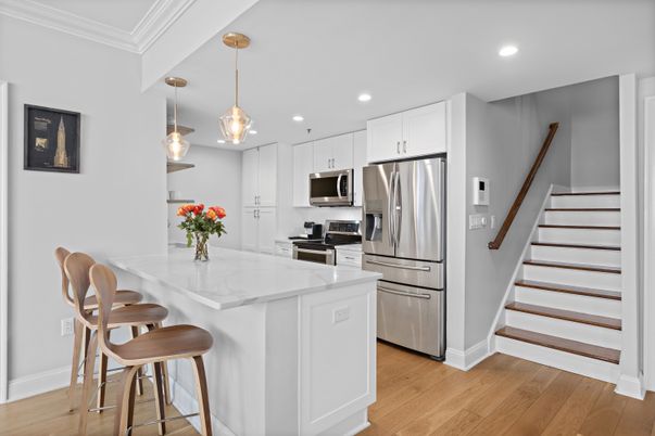 Interior, Kitchen, Pendant Lights, Recessed Lighting, Stainless Steel Appliances, Wood Texture Flooring