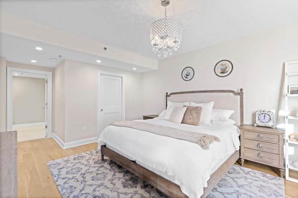 Bedroom, Chandelier, Interior, Recessed Lighting, Wood Texture Flooring