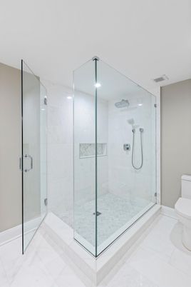 Bathroom, Glass Shower, Interior, Marble Walls, Recessed Lighting