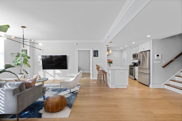 Dining room, Interior, Kitchen, Living room, Pendant Lights, Recessed Lighting, Stainless Steel Appliances, Wood Texture Flooring