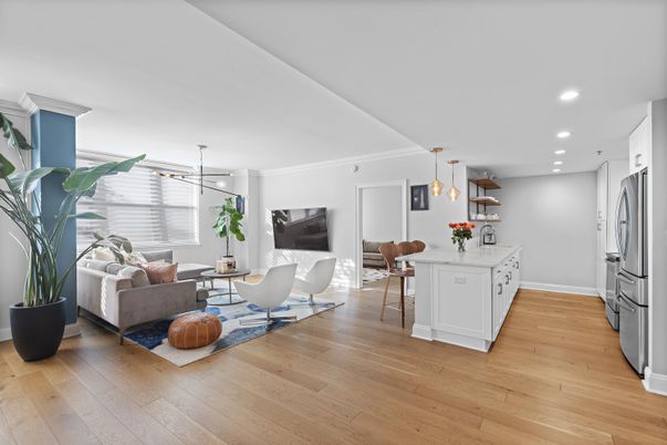 Dining room, Interior, Kitchen, Living room, Pendant Lights, Recessed Lighting, Wood Texture Flooring