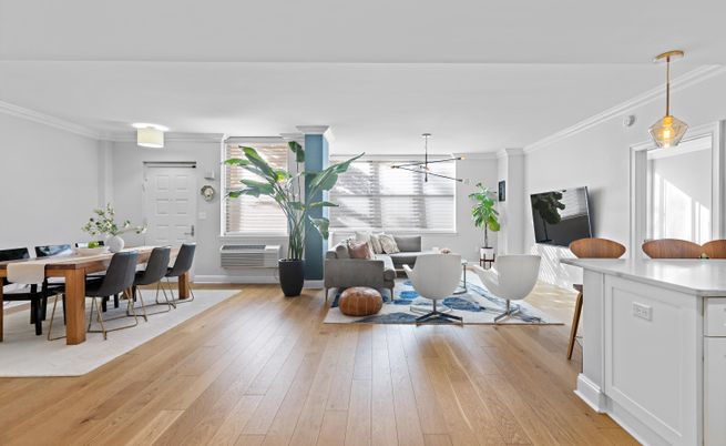 Dining room, Interior, Living room, Pendant Lights, Wood Texture Flooring