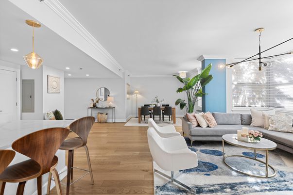Dining room, Interior, Living room, Pendant Lights, Recessed Lighting, Wood Texture Flooring