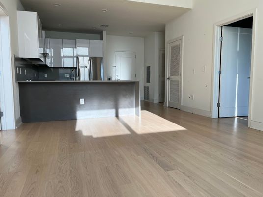 Empty room, Interior, Kitchen, Recessed Lighting, Wood Texture Flooring