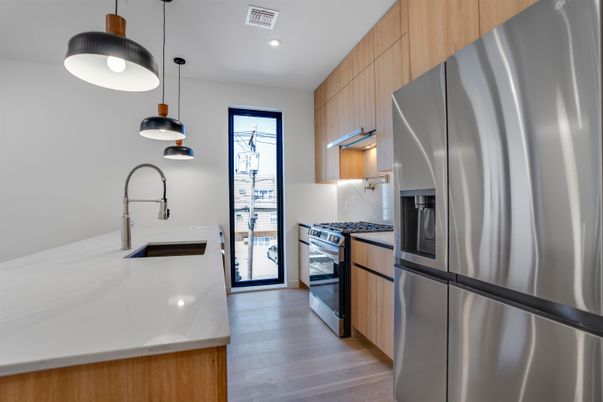 Interior, Kitchen, Pendant Lights, Recessed Lighting, Stainless Steel Appliances, Wood Texture Flooring