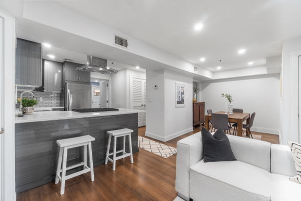 Dining room, Interior, Kitchen, Recessed Lighting, Stainless Steel Appliances, Wood Texture Flooring