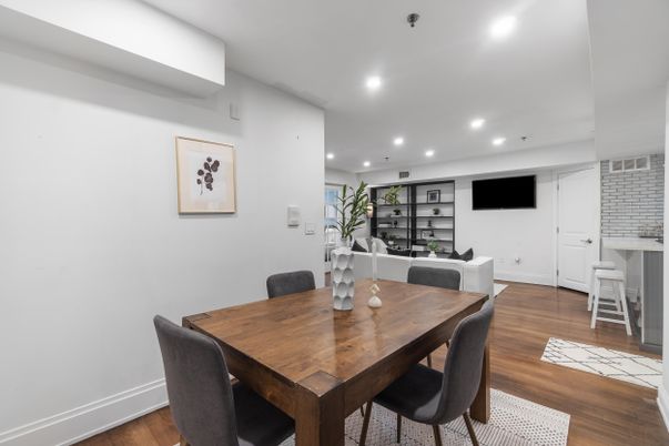 Dining room, Interior, Living room, Recessed Lighting, Wood Texture Flooring