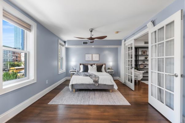 Bedroom, Interior, Recessed Lighting, Wood Texture Flooring