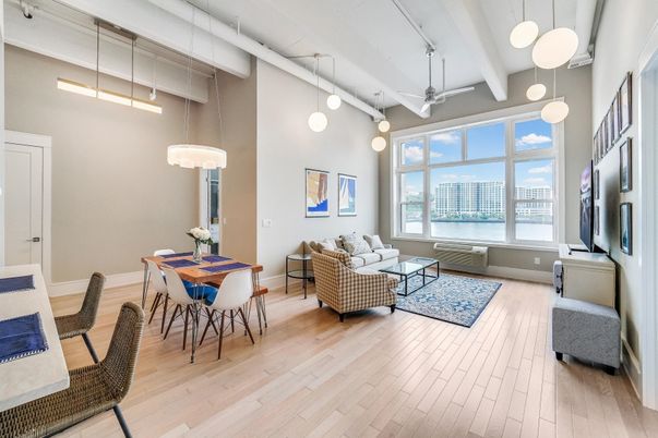 Dining room, Interior, Living room, Pendant Lights, Water, Wood Texture Flooring